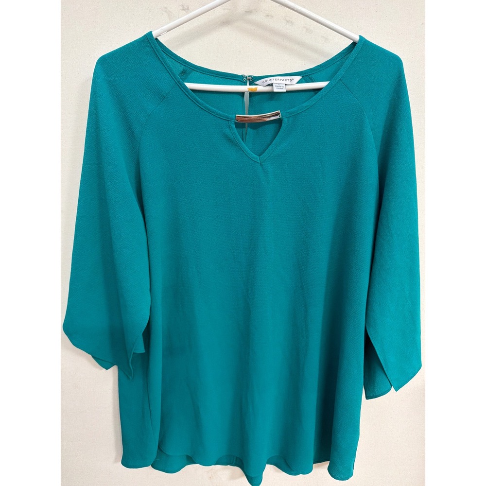 Counterparts Teal Green Keyhole Neck Blouse Gold Bar Split Bell Sleeve Large